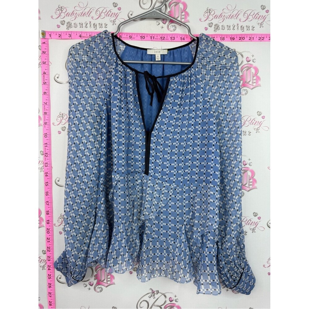 Joie Blue Geometric Tie-Neck Peasant Blouse
